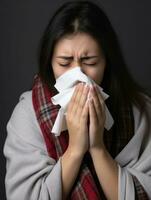 Mexican woman is shown suffering from cold with runny nose on grey background AI Generative photo