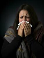 Mexican woman is shown suffering from cold with runny nose on grey background AI Generative photo