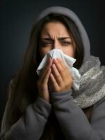 Mexican woman is shown suffering from cold with runny nose on grey background AI Generative photo