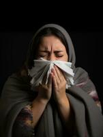 Mexican woman is shown suffering from cold with runny nose on grey background AI Generative photo