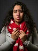 Mexican woman is shown suffering from cold with runny nose on grey background AI Generative photo