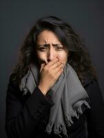 Mexican woman is shown suffering from cold with runny nose on grey background AI Generative photo