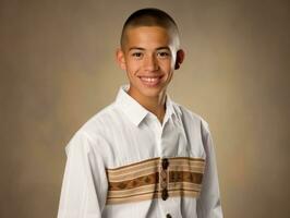 sonriente joven hombre de mexicano descendencia vestido en un traje ai generativo foto