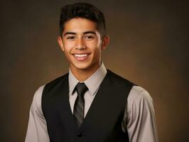 sonriente joven hombre de mexicano descendencia vestido en un traje ai generativo foto