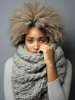 african woman is shown suffering from cold with runny nose on grey background AI Generative photo