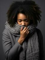 africano mujer es mostrado sufrimiento desde frío con líquido nariz en gris antecedentes ai generativo foto
