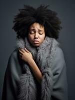 african woman is shown suffering from cold with runny nose on grey background AI Generative photo