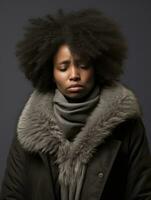 african woman is shown suffering from cold with runny nose on grey background AI Generative photo