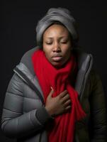 african woman is shown suffering from cold with runny nose on grey background AI Generative photo