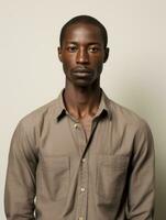 africano hombre es triste en un minimalista neutral antecedentes ai generativo foto