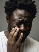 African man is sad on a minimalist neutral background AI Generative photo