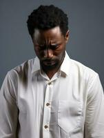 African man is sad on a minimalist neutral background AI Generative photo