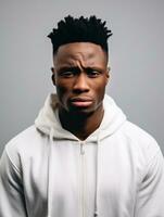 African man is sad on a minimalist neutral background AI Generative photo