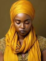 African woman is sad on a minimalist neutral background AI Generative photo