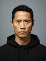 Asian man is sad on a minimalist neutral background AI Generative photo