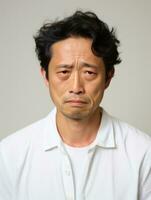 Asian man is sad on a minimalist neutral background AI Generative photo