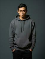 Asian man is sad on a minimalist neutral background AI Generative photo