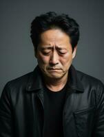 asiático hombre es triste en un minimalista neutral antecedentes ai generativo foto