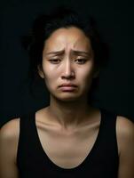 Asian woman is sad on a minimalist neutral background AI Generative photo