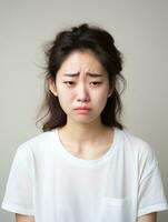 Asian woman is sad on a minimalist neutral background AI Generative photo