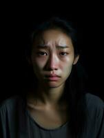 Asian woman is sad on a minimalist neutral background AI Generative photo