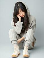 Asian woman is sad on a minimalist neutral background AI Generative photo