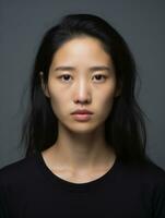 asiático mujer es triste en un minimalista neutral antecedentes ai generativo foto