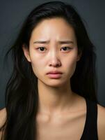 Asian woman is sad on a minimalist neutral background AI Generative photo