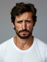 Brazilian man is sad on a minimalist neutral background AI Generative photo