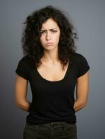 Brazilian woman is sad on a minimalist neutral background AI Generative photo