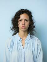 Brazilian woman is sad on a minimalist neutral background AI Generative photo