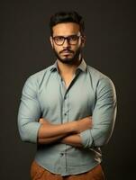 Indian man is sad on a minimalist neutral background AI Generative photo