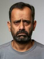 Indian man is sad on a minimalist neutral background AI Generative photo
