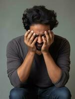 Indian man is sad on a minimalist neutral background AI Generative photo