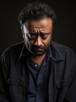Indian man is sad on a minimalist neutral background AI Generative photo