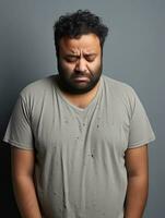 Indian man is sad on a minimalist neutral background AI Generative photo
