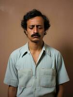 Indian man is sad on a minimalist neutral background AI Generative photo