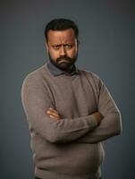 Indian man is sad on a minimalist neutral background AI Generative photo