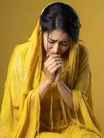Indian woman is sad on a minimalist neutral background AI Generative photo