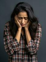 Indian woman is sad on a minimalist neutral background AI Generative photo