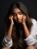 Indian woman is sad on a minimalist neutral background AI Generative photo