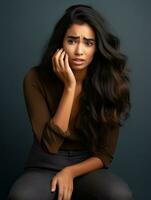 Indian woman is sad on a minimalist neutral background AI Generative photo