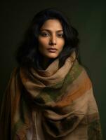 Indian woman is sad on a minimalist neutral background AI Generative photo