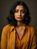 Indian woman is sad on a minimalist neutral background AI Generative photo