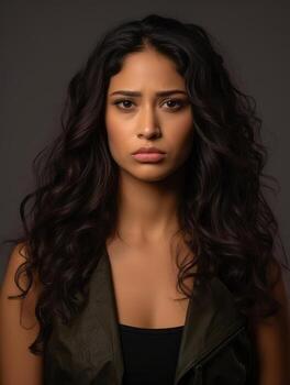 Mexican woman is sad on a minimalist neutral background AI Generative photo