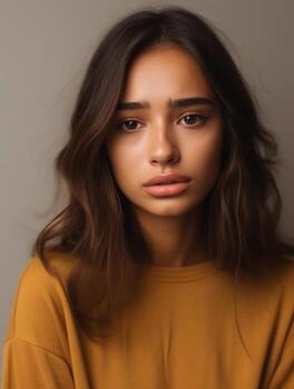 Mexican woman is sad on a minimalist neutral background AI Generative photo