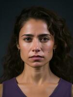 Mexican woman is sad on a minimalist neutral background AI Generative photo
