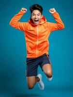 joven asiático niño vestido en ropa de deporte claramente activo y lleno de energía ai generativo foto
