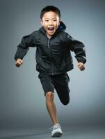 joven asiático niño vestido en ropa de deporte claramente activo y lleno de energía ai generativo foto