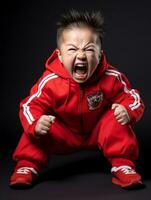 joven asiático niño vestido en ropa de deporte claramente activo y lleno de energía ai generativo foto